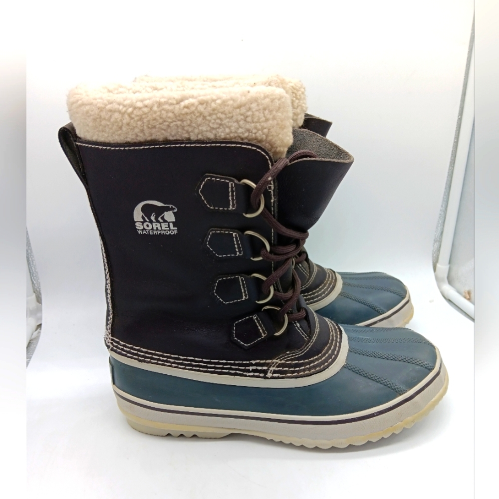 Sorel Women's Dark Brown and Teal Winter Rain Boots with Shearling Collar
